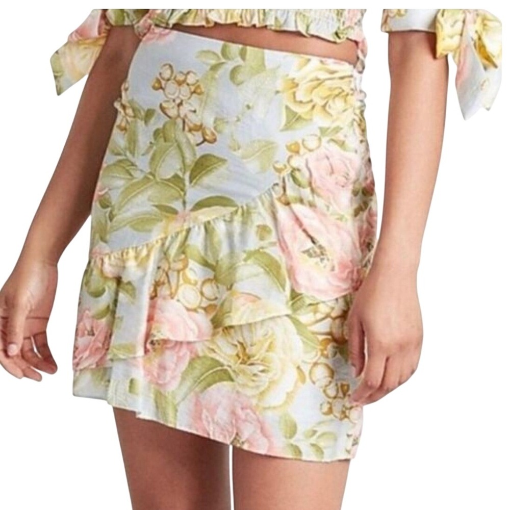 Express Floral Ruffle Mini Skirt Light Blue Pink Yellow Roses Size 00 NWT